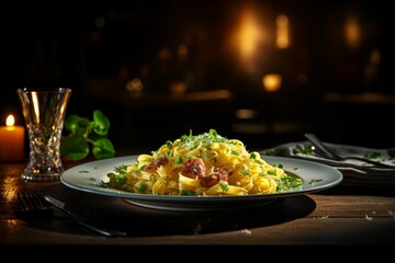 Delicious tagliatelle pasta with pesto sauce and parmesan on plate in modern restaurant setting - obrazy, fototapety, plakaty