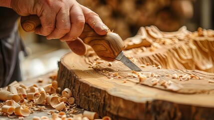 Closeup of wood carver hand making sculpture with chisel. - obrazy, fototapety, plakaty