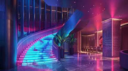 Constructing a staircase in bold neon hues, such as electric blue and hot pink, to create a vibrant...