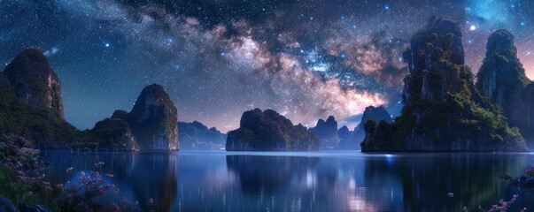 Fototapeta na wymiar Cinematic Milky Way Landscape. A Stunning Celestial Symphony.