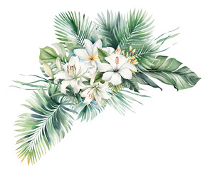 Watercolor tropical bouquet with white flowers and green palm leaves isolated illustration © EvgeniiasArt