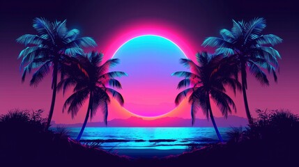 Fototapeta na wymiar Vaporwave Sunset. A Fantasy Digital Illustration in 80s Retro Poster Style, Featuring Palm Trees, Dark Purple and Blue Tones, and Cyberpunk Glow Effects