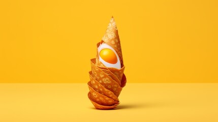 An egg rests delicately inside a cone against a bright yellow backdrop