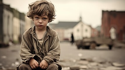 Portrait of a young child looking sad with a sepia monochrome effect, showcasing free copy space