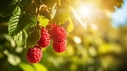 Ripe raspberries on branch in garden under bright sunlight, copy space available