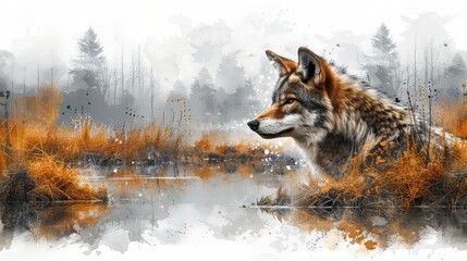 a painting of a wolf looking out over a body of water with tall grass in the foreground and trees in the background.
