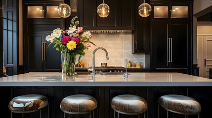 Elegant Kitchen Island Adorned with Fresh Flowers and Luxurious Velvet Stools
