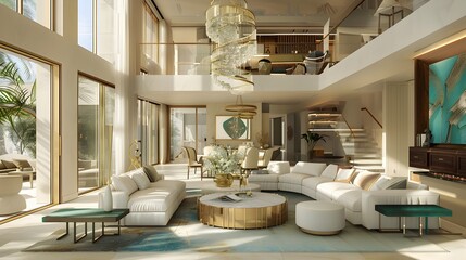 Luxury Living Room in Dubai High-End Design with Blue-Green Accents and Tropical Views - obrazy, fototapety, plakaty