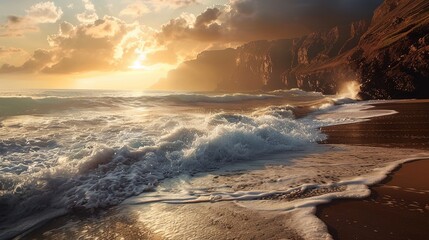 Ocean shore at sunrise with dramatic sky and big waves crashing into - obrazy, fototapety, plakaty