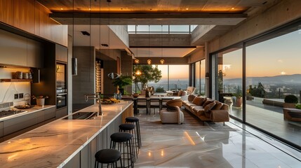 Modern Luxury Mansion Kitchen with City View at Golden Hour in Los Angeles