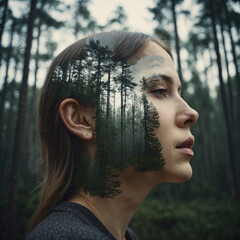 Double exposure of a woman's head with forest landscape in the background.