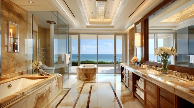 Luxurious Bathroom Elegance Marble Opulence and Ocean View Panorama