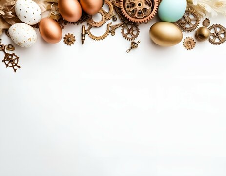 wallpaper with Easter elements in the corner of the image in the form of eggs, mechanical elements, top view, on a white background, with an empty space to copy