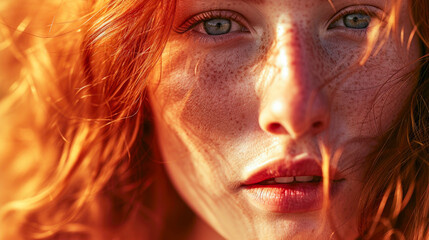 A mesmerizing portrait capturing the unique allure of a young woman, with ginger hair and beautifully freckled skin, rendered in exquisite detail