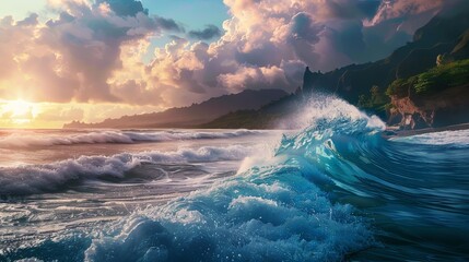 Panoramic landscape of sea and ocean with huge cliffs hit by waves. - obrazy, fototapety, plakaty