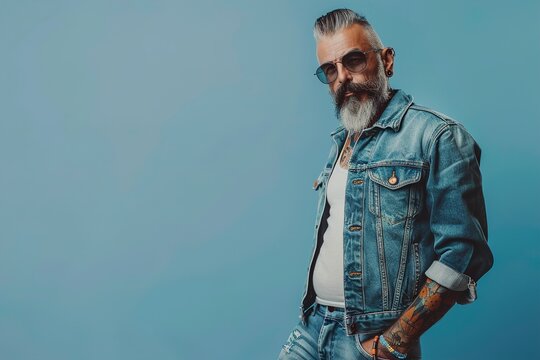 A man in a blue denim jacket is posing for a photo