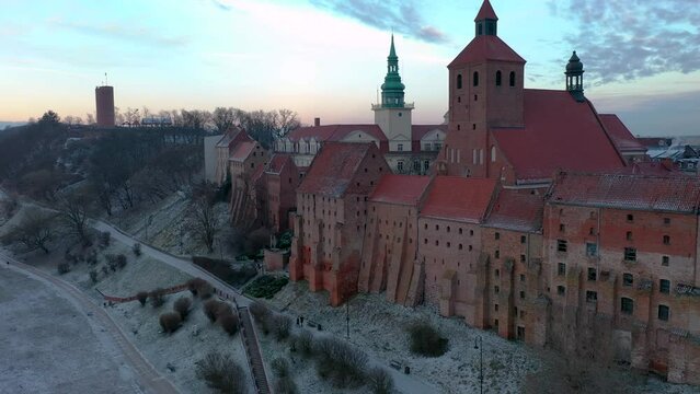 Granaries of Grudziadz city by the Vistula river at snowy winter. Poland
