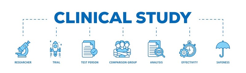 Clinical study infographic icon flow process which consists of researcher, trial, test person, comparison group, analysis, effectivity, and safeness icon live stroke and easy to edit 