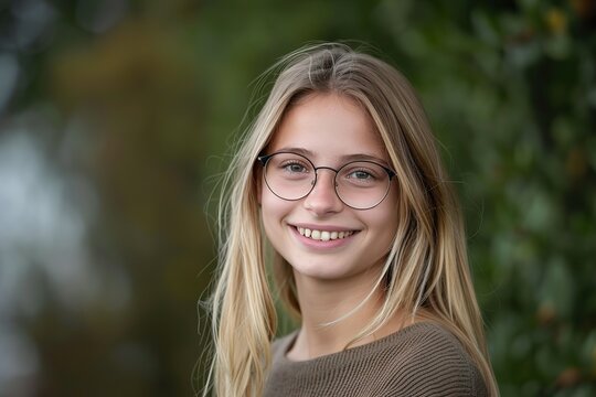 A girl with blonde hair and glasses is smiling for the camera