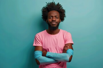 A man with a beard and dreadlocks is wearing a pink shirt and blue arm sleeves