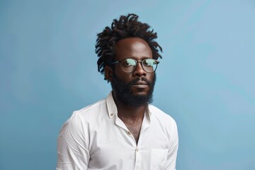 A man with a beard and glasses is sitting in a white shirt