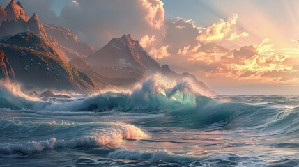 Landscape of ocean with cliff rocks hit by big waves at sunset - obrazy, fototapety, plakaty