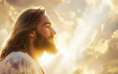 Profile portrait of Jesus Christ in front of sky with golden sunlight.  - obrazy, fototapety, plakaty