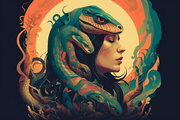 Beautiful woman disguised as a snake or dragon on the moon background. Lady in a form of serpent