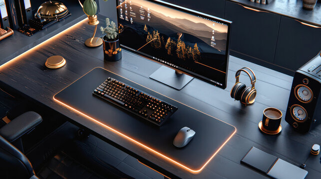 computer desktop and lamp in grey and gold workspace interior.Generative AI - Powered by Adobe