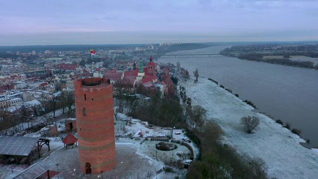 Granaries of Grudziadz city by the Vistula river at snowy winter. Poland