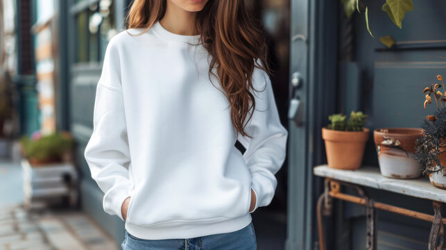 Young girl wearing white template women's sweatshirt with copy space for your design or logo.Generative Ai
