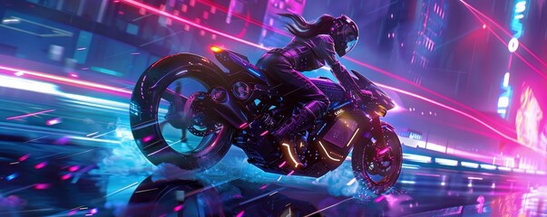 Cybercore Girl Riding a Futuristic Motorcycle. Neon Purple and Yellow Hues with Binary Code Rain.