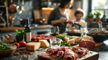 ham, cheese, cured meat, legumes and wines in kitchen with a family of four enjoying in the background.Generative AI - obrazy, fototapety, plakaty