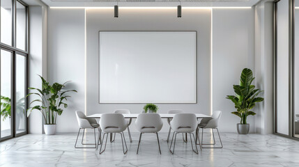 Concrete conference room interior with table, chairs, blank whiteboard.Generative AI