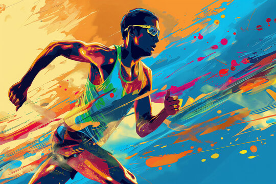 Colourful digital painting of professional marathon runner on abstract painted background with brush stroke effect. 