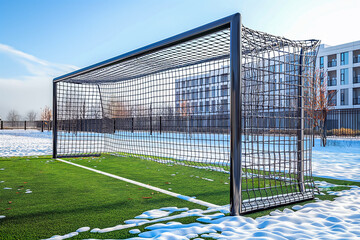 Soccer goal on sports ground in winter time.