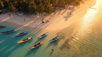 Aerial view of beautiful tropical beach with palm trees and boat.