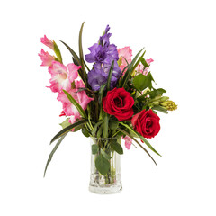 Bouquet of mixed flowers and leaves in vase isolated on transparent background	
