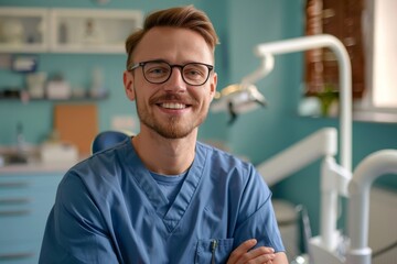 Smiling male dentist in scrubs sitting in a modern dental clinic