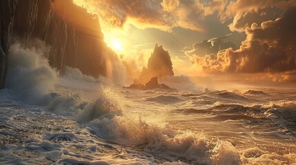Panoramic seascape at sunrise with waves crashing in cliff rocks - obrazy, fototapety, plakaty