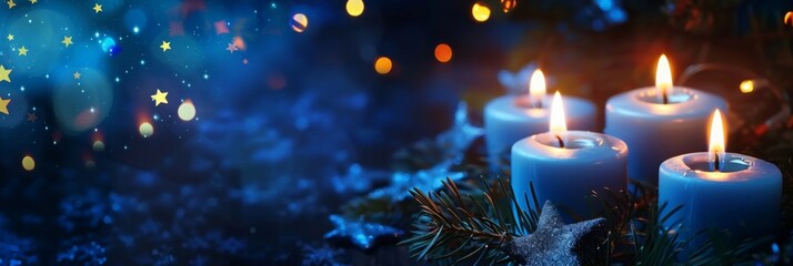 Blue Candles Burning Brightly Against a Starry Night Sky, Evoking the Spirit of Christmas Eve and Chanukah Celebrations