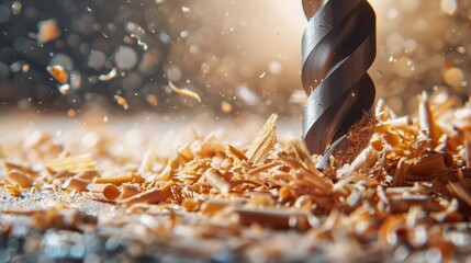 Close up shot of steel drill with wood chippings flying off. Sawdust flies off a spinning drill boring a hole into a wooden board. Woodwork background with free space for text