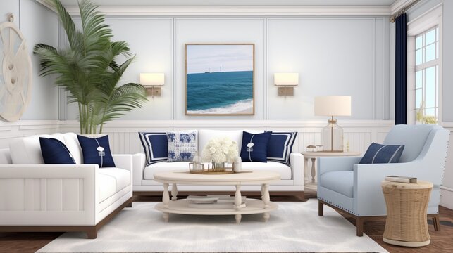 Design a coastal-inspired living room with a mix of blues and whites