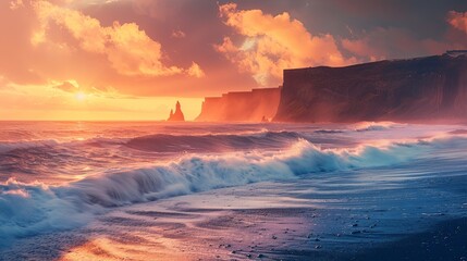 Panoramic seascape at sunrise with waves crashing in cliff rocks - obrazy, fototapety, plakaty
