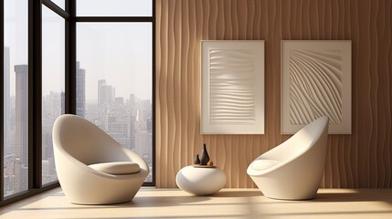 Fototapeta na wymiar Contemporary minimalist room with artistic hand drawn abstract lines and shapes on walls