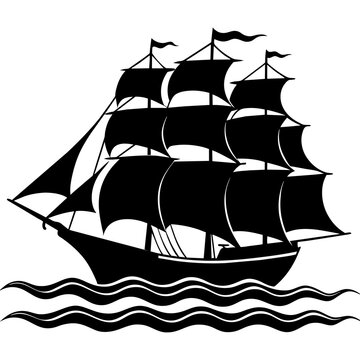 Silhouette Image: Classic Sailing Ship with Billowing Sails