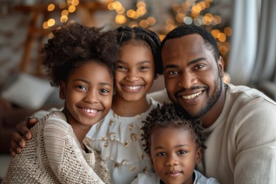 Happy African American family smiling together in a cozy room