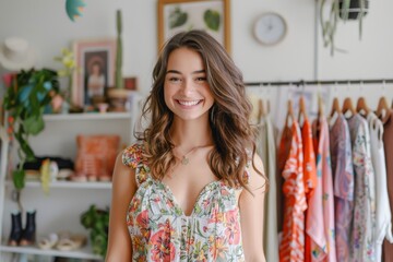 Fashion blogger in floral dress showcasing summer wardrobe in a bright room
