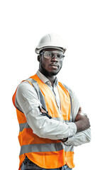portrait of a man in safety clothes and hat on transparent background