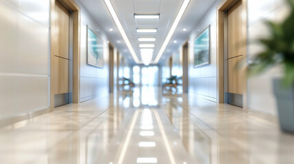 Obraz premium Contemporary office or hospital corridor with a minimalist design, emphasizing spaciousness and modernity